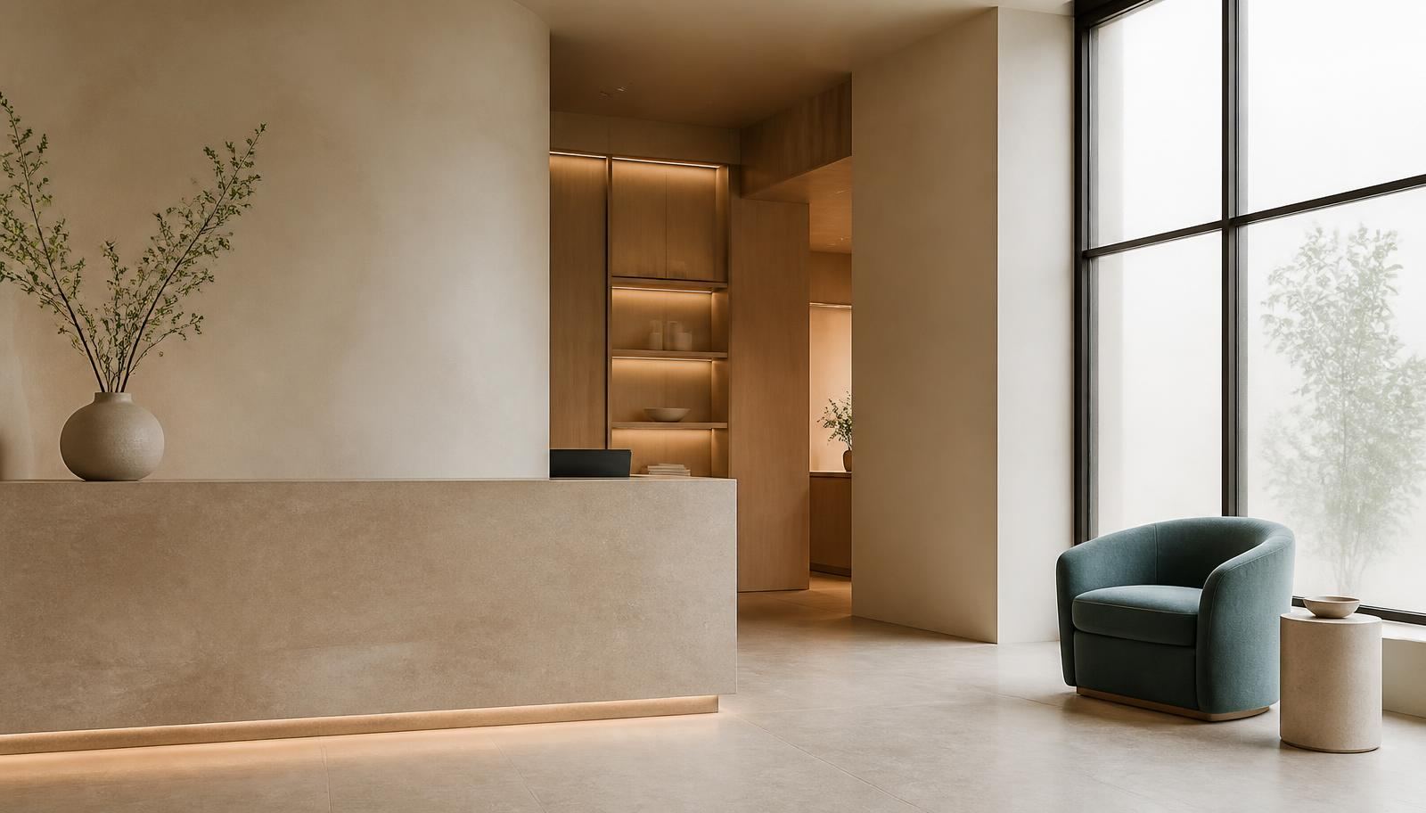 A calm, contemporary medical-aesthetics practice reception with warm natural light.